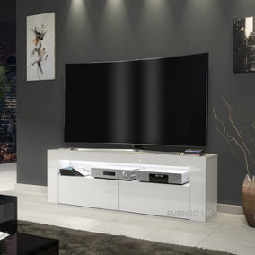Furneo White TV Stand 125cm Cabinet Unit High Gloss & Matt Clifton03 White LED Lights