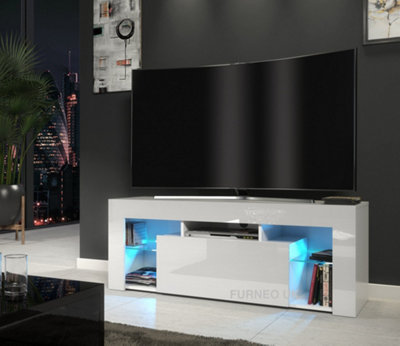Furneo White TV Stand 130cm Unit Matt & High Gloss Milano04 With Blue LED Lights