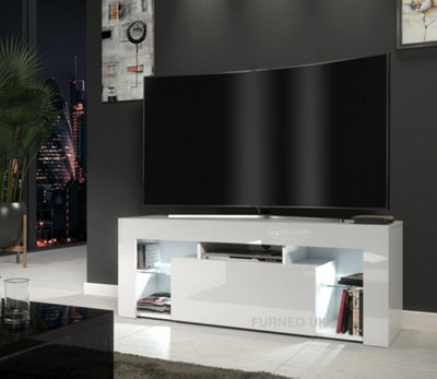 Furneo White TV Stand 130cm Unit Matt & High Gloss Milano04 With White LED Lights