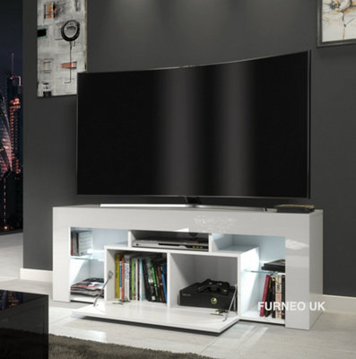 Furneo White TV Stand 130cm Unit Matt & High Gloss Milano04 With White LED Lights