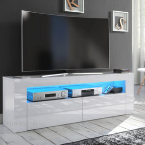 Furneo White TV Stand 145cm Unit Cabinet Matt & High Gloss Clifton13 Blue LED Lights
