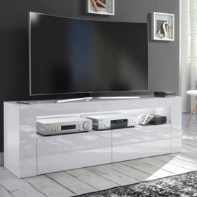 Furneo White TV Stand 145cm Unit Cabinet Matt & High Gloss Clifton13 White LED Lights