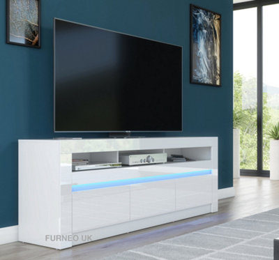 Furneo White TV Stand 157cm Unit Cabinet Matt & High Gloss Carino01 Blue LED Lights
