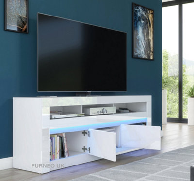 Furneo White TV Stand 157cm Unit Cabinet Matt & High Gloss Carino01 Blue LED Lights