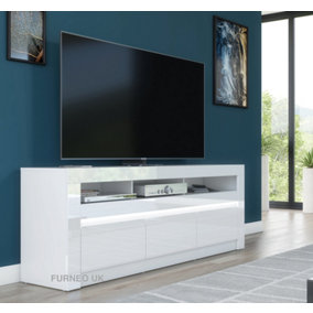 Furneo White TV Stand 157cm Unit Cabinet Matt & High Gloss Carino01 White LED Lights