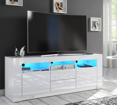 Furneo White TV Stand 160cm Unit Cabinet Matt & High Gloss Clifton18 Blue LED Lights