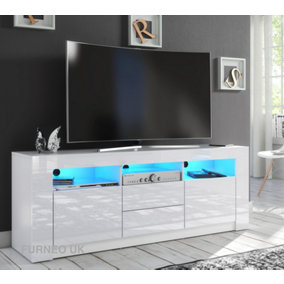 Furneo White TV Stand 160cm Unit Cabinet Matt & High Gloss Clifton18 Blue LED Lights