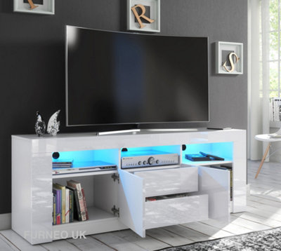 Furneo White TV Stand 160cm Unit Cabinet Matt & High Gloss Clifton18 Blue LED Lights