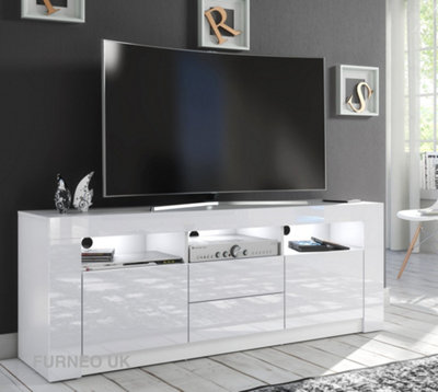 Furneo White TV Stand 160cm Unit Cabinet Matt & High Gloss Clifton18 White LED Lights