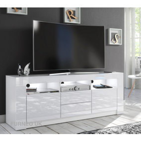 Furneo White TV Stand 160cm Unit Cabinet Matt & High Gloss Clifton18 White LED Lights