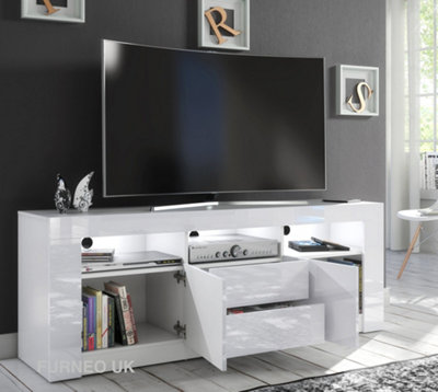 Furneo White TV Stand 160cm Unit Cabinet Matt & High Gloss Clifton18 White LED Lights