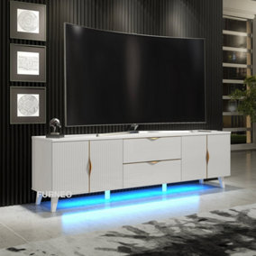 Furneo White TV Stand 180cm Unit Cabinet Matt & High Gloss Azzurro10 Brushed Gold Handles with Blue LED Lights
