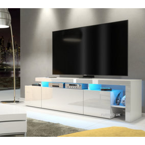 Furneo White TV Stand 186cm Unit Matt & High Gloss Indisio01 Blue LED Lights