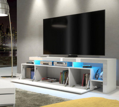 Furneo White TV Stand 186cm Unit Matt & High Gloss Indisio01 Blue LED Lights