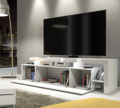 Furneo White TV Stand 186cm Unit Matt & High Gloss Indisio01 White LED Lights