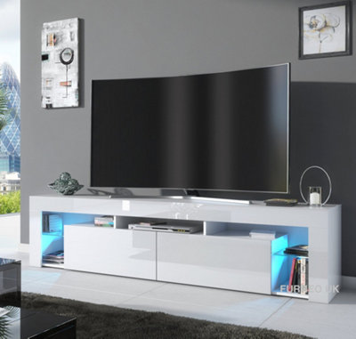 Furneo White TV Stand 200cm Cabinet Unit Matt & High Gloss Milano06 Blue LED Lights