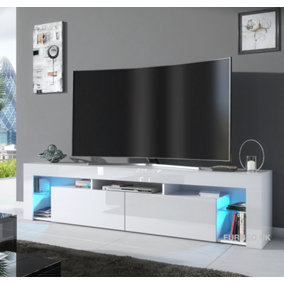 Furneo White TV Stand 200cm Cabinet Unit Matt & High Gloss Milano06 Blue LED Lights