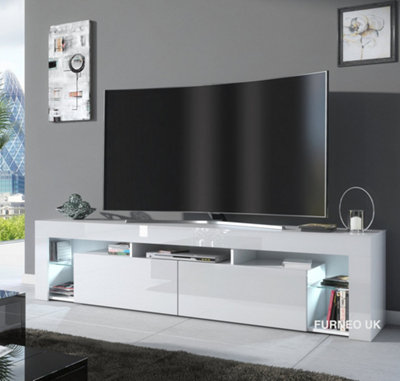 Furneo White TV Stand 200cm Cabinet Unit Matt & High Gloss Milano06 White LED Lights