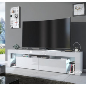 Furneo White TV Stand 200cm Cabinet Unit Matt & High Gloss Milano06 White LED Lights