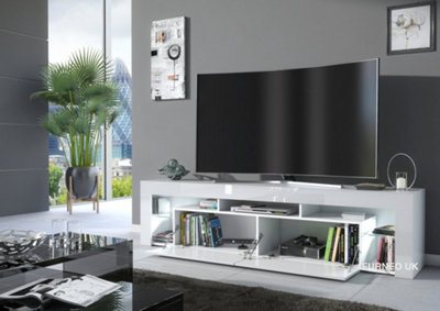 Furneo White TV Stand 200cm Cabinet Unit Matt & High Gloss Milano06 White LED Lights