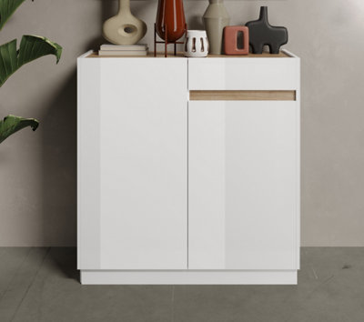 FURNICOMP Chelsea 2 Door 1 Drawer Compact White Gloss  and Cadiz Oak Sideboard