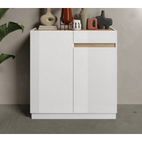 FURNICOMP Chelsea 2 Door 1 Drawer Compact White Gloss  and Cadiz Oak Sideboard