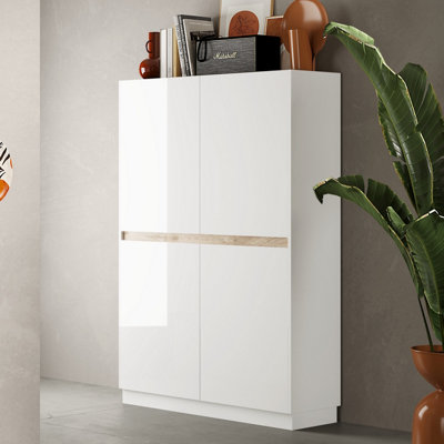 FURNICOMP Chelsea 4 Door White Gloss and Cadiz Oak Tall Sideboard/Highboard