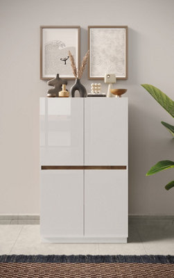 FURNICOMP Chelsea 4 Door White Gloss and Mercure Oak Tall Sideboard/Highboard