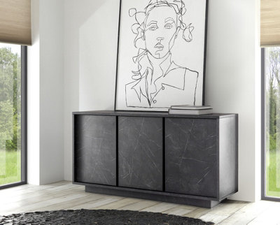 FURNICOMP Glacia 3 Door 138cm Black Marble Effect Sideboard