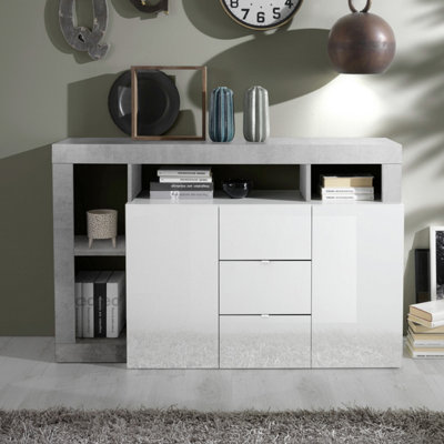 FURNICOMP Lorenzo 2 Door 3 Drawer White Gloss and Concrete Grey Sideboard