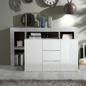 FURNICOMP Lorenzo 2 Door 3 Drawer White Gloss and Concrete Grey Sideboard