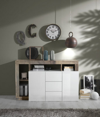 FURNICOMP Lorenzo 2 Door 3 Drawer White Gloss and Pero Oak Sideboard