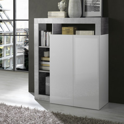 FURNICOMP Lorenzo 2 Door White Gloss and Concrete Grey Tall Sideboard/Highboard