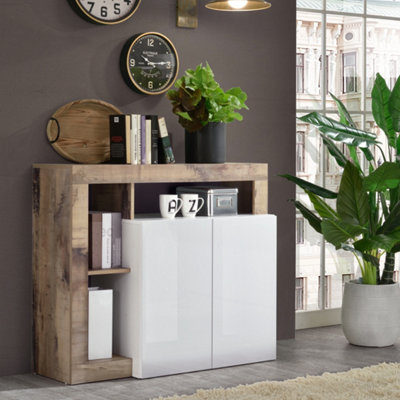 FURNICOMP Lorenzo 2 Door White Gloss and Pero Oak Sideboard