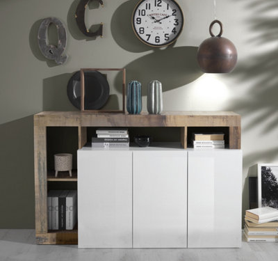 FURNICOMP Lorenzo 3 Door White Gloss and Pero Oak Sideboard