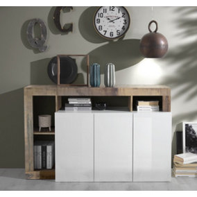 FURNICOMP Lorenzo 3 Door White Gloss and Pero Oak Sideboard