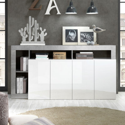 FURNICOMP Lorenzo 4 Door White Gloss and Concrete Grey Sideboard