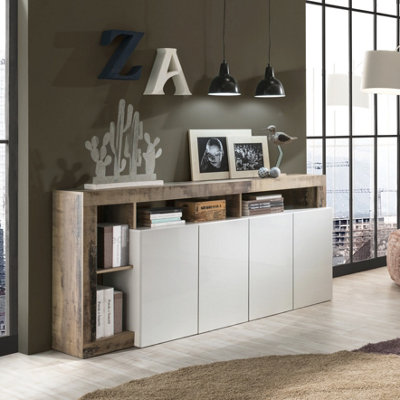 FURNICOMP Lorenzo 4 Door White Gloss and Pero Oak Sideboard