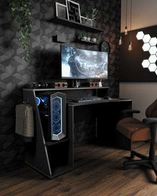 FURNICOMP Luna 138cm Black Gaming Desk With Hutch