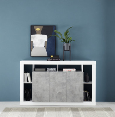 FURNICOMP Viola 2 Door 3 Drawer White Gloss and Concrete Grey Sideboard