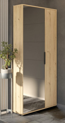 FURNICOMP Zurich 2 Door Oak Large Tall Mirrored Shoe Storage Cabinet