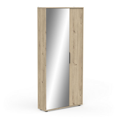 FURNICOMP Zurich 2 Door Oak Large Tall Mirrored Shoe Storage Cabinet