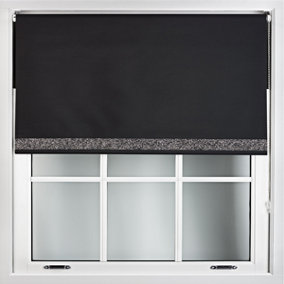 Furnished Black Fabric Blackout Roller Blind With Black Glitter Edge - Trimmable (W)220cm x (L)165cm