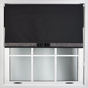 Furnished Black Fabric Blackout Roller Blind with Decorative Black Glitter & Black Bow - Trimmable (W)140cm x (L)165cm