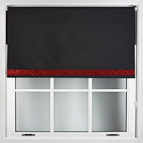 Furnished Black Fabric Blackout Roller Blind With Red Glitter Edge - Trimmable (W)135cm x (L)165cm