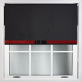 Furnished Black Fabric Blue Blackout Roller Blind with Decorative Red Glitter & Black Bow - Trimmable (W)100cm x (L)165cm
