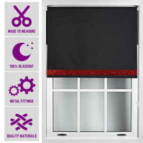 Furnished Blackout Blind with Red Glitter Accent and Metal Fittings Made to Measure - Black (W)150cm x (L)165cm