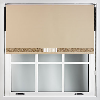 Furnished Cappuccino Blackout Roller Blind with Decorative Gold Glitter & Cream Bow - Trimmable (W)225cm x (L)165cm