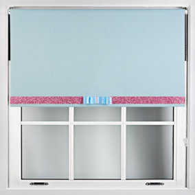 Furnished Duck Egg Blue Blackout Roller Blind with Decorative Pink Glitter & Duck Egg Bow - Trimmable (W)100cm x (L)165cm
