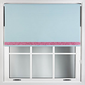 Furnished Duck Egg Blue Blackout Roller Blind With Pink Glitter Edge - Trimmable (W)100cm x (L)165cm